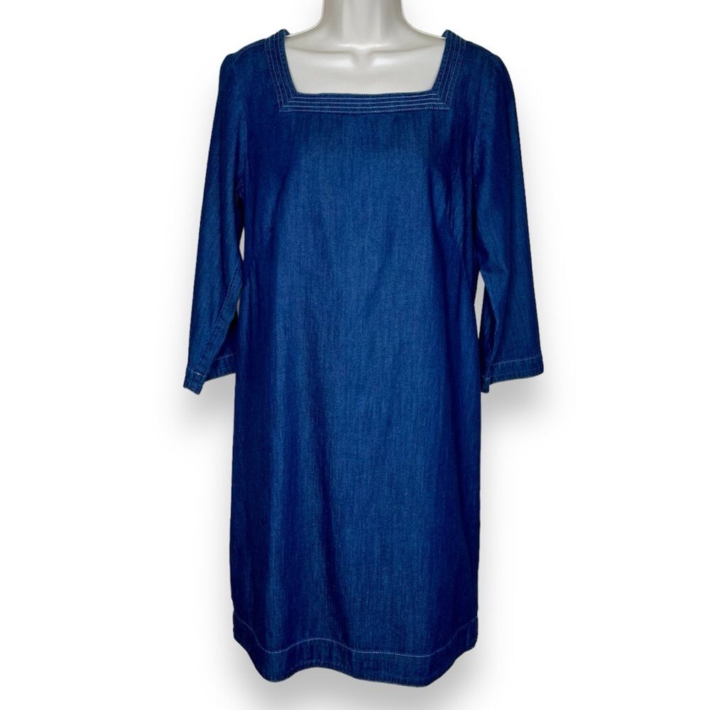 Talbots Square Neck Denim Shift Dress Blue Cotton Chambray 3/4 Sleeve Women 8